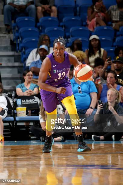 Chelsea Gray of the Los Angeles Sparks handles the ball against the Chicago Sky on June 17, 2018 at the Allstate Arena in Rosemont, Illinois. NOTE TO...