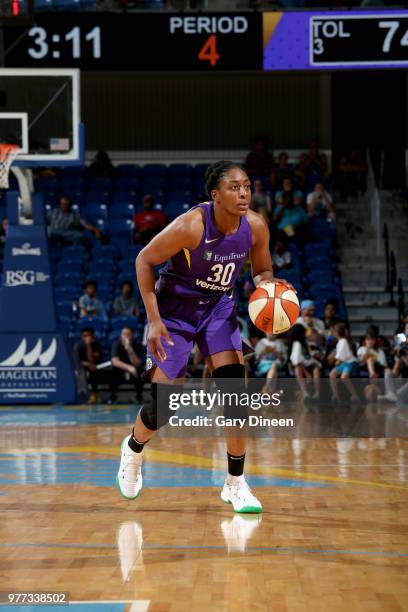 Nneka Ogwumike of the Los Angeles Sparks handles the ball against the Chicago Sky on June 17, 2018 at the Allstate Arena in Rosemont, Illinois. NOTE...