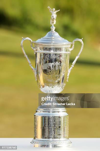 The U.S. Open Championship trophy is seen before being awarded to Brooks Koepka of the United States after he won the 2018 U.S. Open at Shinnecock...