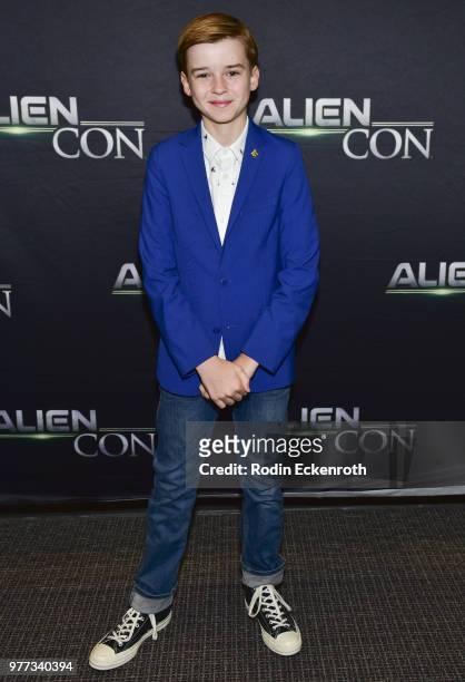 Maxwell Jenkins arrives at A+E Networks, Mischief Management & Prometheus Entertainment present AlienCon 2018 at Pasadena Convention Center on June...