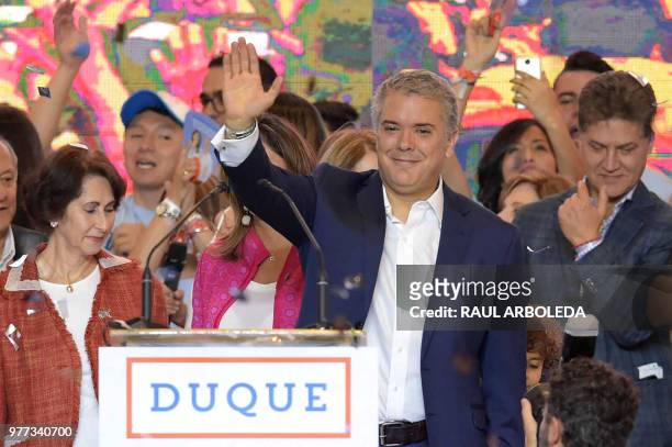 Newly elected Colombian president Ivan Duque celebrates with his family and supporters in Bogota, after winning the presidential runoff election on...
