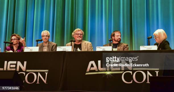 Linda Moulton Howe, Nick Pope, David Childress, Mike Bara, and Frankie Glass speak onstage at A+E Networks, Mischief Management & Prometheus...
