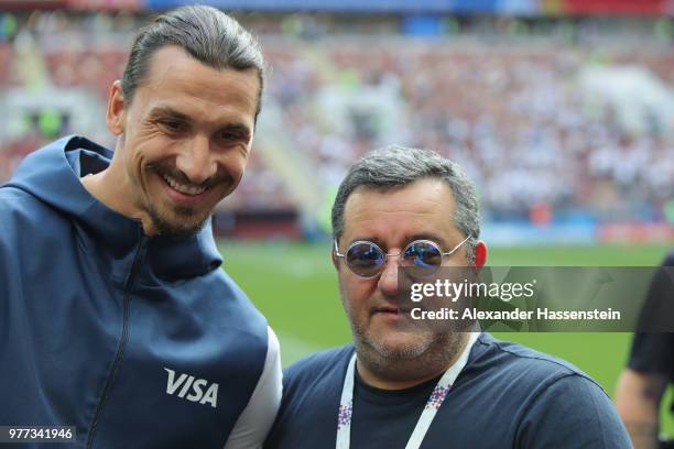 Carmine Raiola looks on with Zlatan Ibrahimovic prior to the 2018 FIFA World Cup Russia group F match between Germany and Mexico at Luzhniki Stadium...