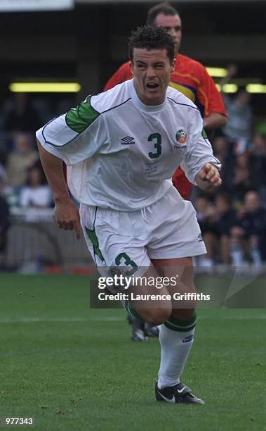 Ian Harte of the Republic of Ireland celebrates scoring the penalty during the World Cup qualifier between the Republic of Ireland and Andorra at the...