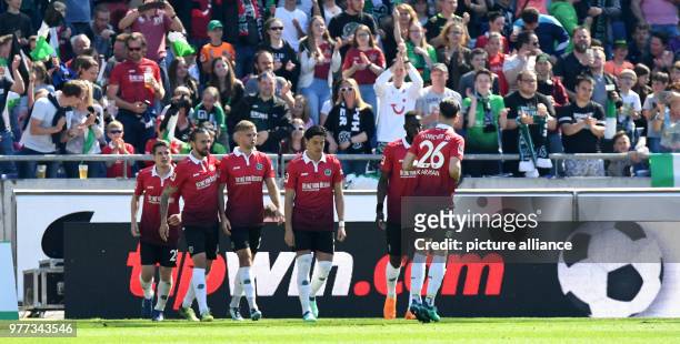 May 2018, Germany, Hanover, Soccer, Bundesliga, 33rd day of play, Hanover vs. Hertha BSC at the HDI-Arena. Hanover's Martin Harnik celebrates his...