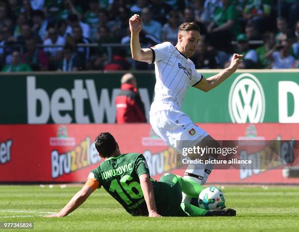 May 2018, Germany, Bremen: Soccer, Bundesliga, Werder Bremen vs Bayer 04 Leverkusen at the Weserstadion. Werder's Zlatko Junuzovic and Bayer's...