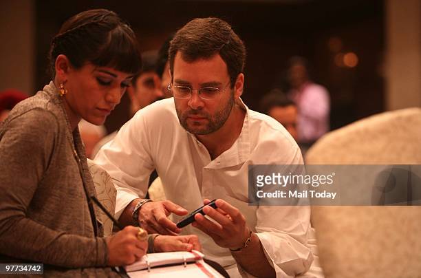 Rahul Gandhi speaks to actress Koel Puri at the second day of the India Today Conclave in New Delhi on March 13, 2010.