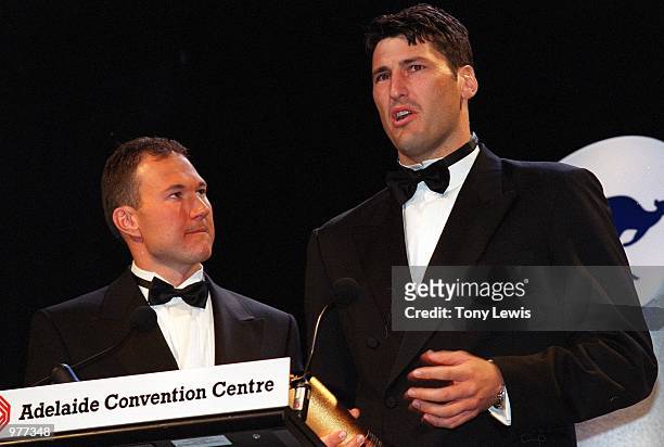 Australian Rugby Union Captain John Eales and event Master of Ceremonies Clinton Grybas at the 2000 Australian Sports Awards at the Adelaide...