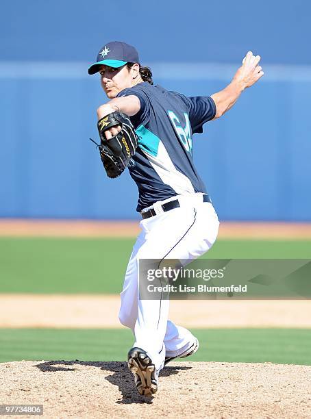 Steven Shell of the Seattle Mariners pitches during a Spring Training game against the San Diego Padres on March 5, 2010 at Peoria Stadium in Peoria,...