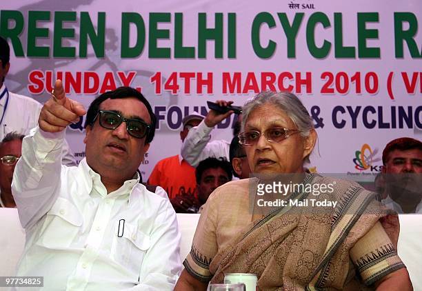 Delhi CM Sheila Dikshit with Ajay Makan at the Green Delhi Cycle Rally 2010 in New Delhi on March 14, 2010.