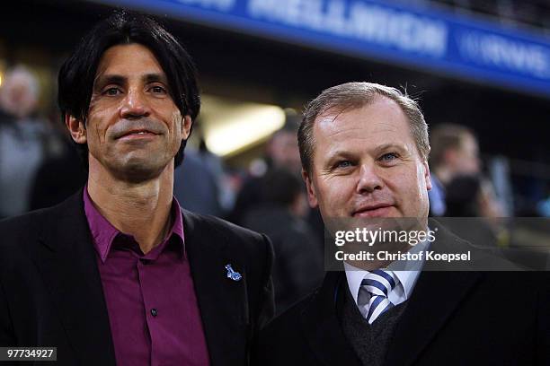 Manager Bruno Huebner of Duisburg and chairman Roland Kentsch of Duisburg are seen before the second Bundesliga match between MSV Duisburg and 1860...