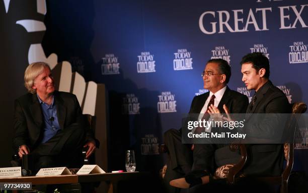 Hollywood director James Cameroon, India Today group chairman Aroon Purie and actor Aamir Khan at the second day of the India Today Conclave in New...