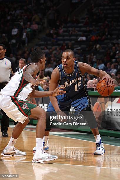 Randy Foye of the Washington Wizards moves the ball against Brandon Jennings of the Milwaukee Bucks during the game on March 3, 2010 at the Bradley...