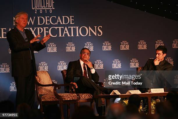 Hollywood director James Cameroon, India Today group chairman Aroon Purie and actor Aamir Khan at the second day of the India Today Conclave in New...