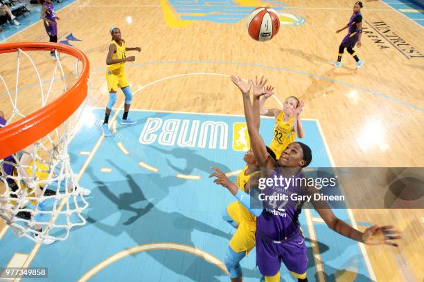 Jantel Lavender of the Los Angeles Sparks goes up for a rebound against the Chicago Sky on June 17, 2018 at the Allstate Arena in Rosemont, Illinois....