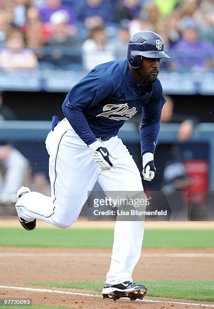 Tony Gwynn of the San Diego Padres runs to first base during a Spring Training game against the Colorado Rockies on March 8, 2010 at Peoria Stadium...