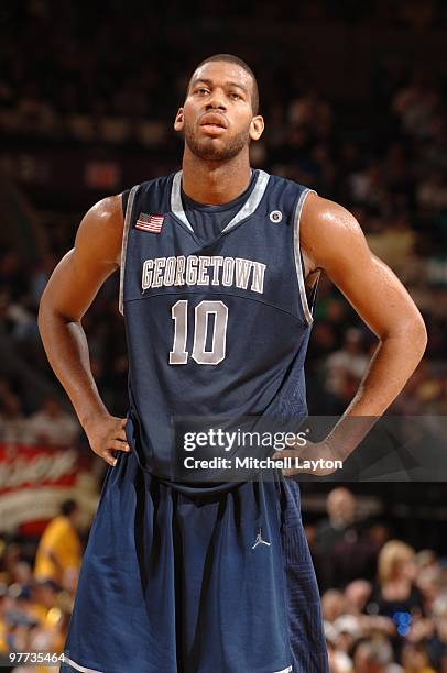 Greg Monroe of the Georgetown Hoyas looks on during the Big East Semi-Final College Basketball Tounament game against the Marquette Golden Eagles on...