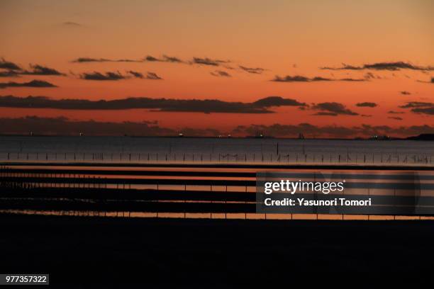 sunset of tideland - funabashi stockfoto's en -beelden