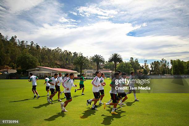 Mexico national soccer team players exercise during a training session at Mexican Soccer Federation's High Performance Center on March 15, 2010 in...