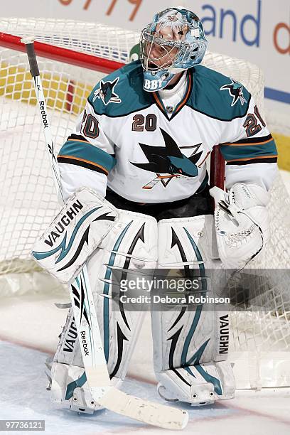 Evgeni Nabokov of the San Jose Sharks stands in the crease during a break in action against the Anaheim Ducks during the game on March 14, 2010 at...