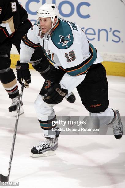 Joe Thornton of the San Jose Sharks skates on the ice against the Anaheim Ducks during the game on March 14, 2010 at Honda Center in Anaheim,...