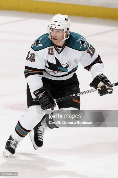 Patrick Marleau of the San Jose Sharks skates on the ice against the Anaheim Ducks during the game on March 14, 2010 at Honda Center in Anaheim,...