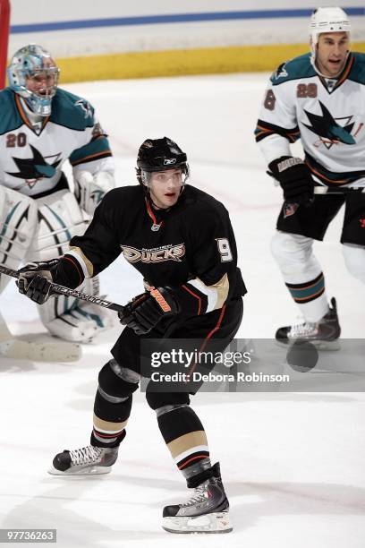 Bobby Ryan the Anaheim Ducks defends outside the crease during the game against the San Jose Sharks on March 14, 2010 at Honda Center in Anaheim,...