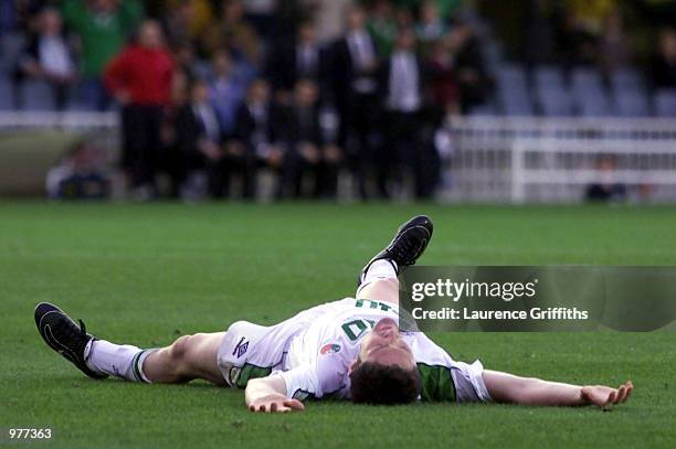 Robbie Keane of the Republic of Ireland after missing another chance during the World Cup qualifyier between the Republic of Ireland and Andorra at...