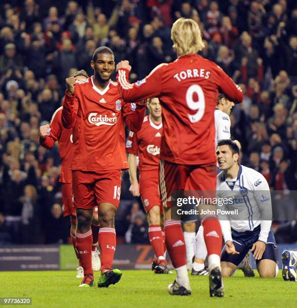 Ryan Babel of Liverpool celebrates after scoring the second during the Barclays Premier League match between Liverpool and Portsmouth at Anfield on...