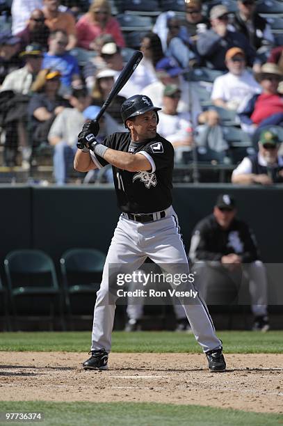 Omar Vizquel of the Chicago White Sox bats during a spring training game against the Oakland Athletics on March 10, 2010 at Phoenix Municipal Stadium...