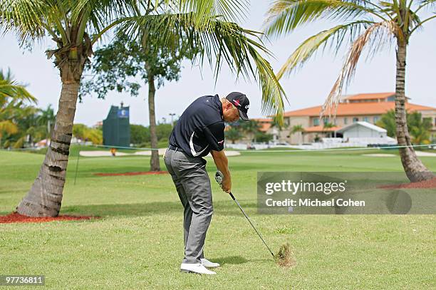 Derek Lamely hits his second shot to the ninth green during the final round of the Puerto Rico Open presented by Banco Popular at Trump International...