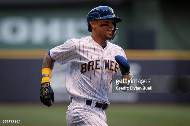 Orlando Arcia of the Milwaukee Brewers runs to home plate in the second inning against the Philadelphia Phillies at Miller Park on June 15, 2018 in...