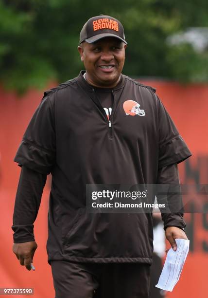 Head coach Hue Jackson of the Cleveland Browns walks onto the field during a mandatory mini camp on June 12, 2018 at the Cleveland Browns training...