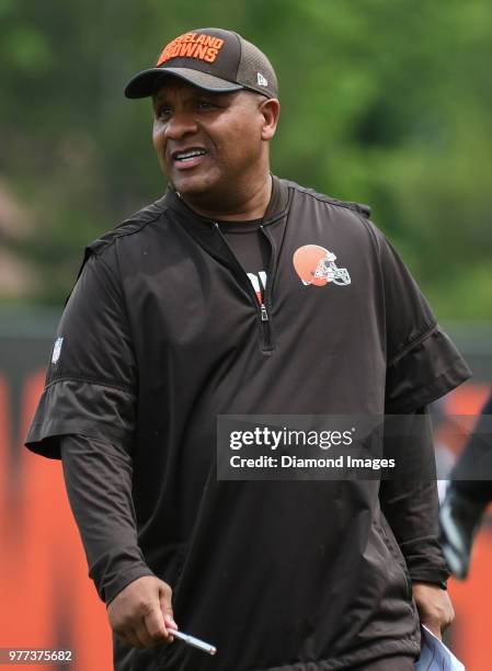 Head coach Hue Jackson of the Cleveland Browns walks onto the field during a mandatory mini camp on June 12, 2018 at the Cleveland Browns training...