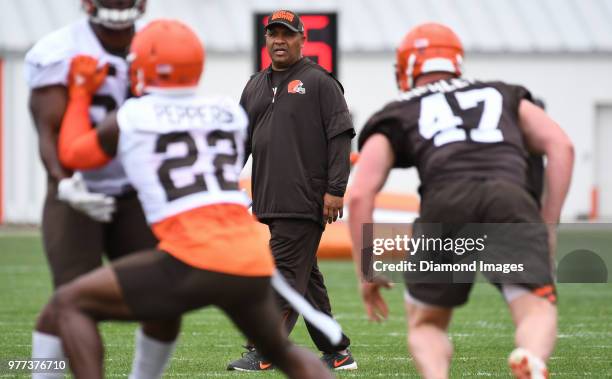 Head coach Hue Jackson of the Cleveland Browns watches a drill during a mandatory mini camp on June 12, 2018 at the Cleveland Browns training...