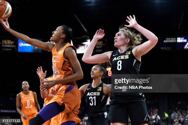 DeWanna Bonner of the Phoenix Mercury goes to the basketagainst Carolyn Swords of the Las Vegas Aces on June 17, 2018 at the Mandalay Bay Events...