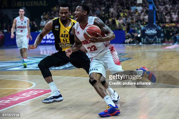 May 2018, Greece, Athens: Basketball, Champions League, AS Monaco vs AEK Athens, Final: Monaco's Gerald Robinson in action against Athens' Kevin...