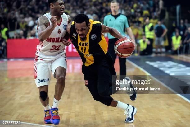 May 2018, Greece, Athens: Basketball, Champions League, AS Monaco vs AEK Athens, Final: Athens' Kevin Punter in action against Monaco's Gerald...