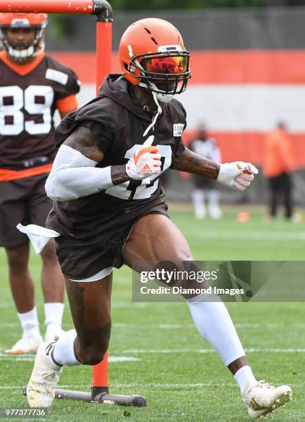 Wide receiver Josh Gordon of the Cleveland Browns takes part in a drill during a mandatory mini camp on June 12, 2018 at the Cleveland Browns...