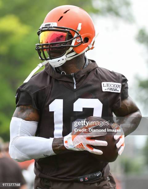 Wide receiver Josh Gordon of the Cleveland Browns carries the ball during a mandatory mini camp on June 12, 2018 at the Cleveland Browns training...