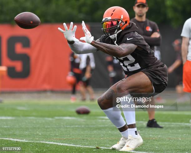 Wide receiver Josh Gordon of the Cleveland Browns catches a pass during a mandatory mini camp on June 12, 2018 at the Cleveland Browns training...