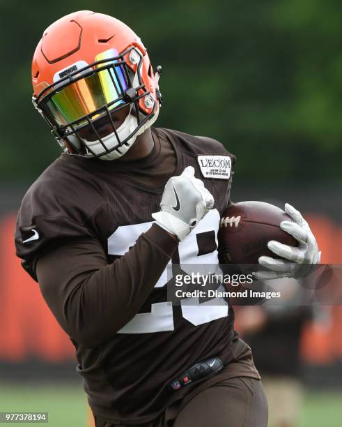 Running back Duke Johnson Jr. #29 of the Cleveland Browns carries the ball during a mandatory mini camp on June 12, 2018 at the Cleveland Browns...