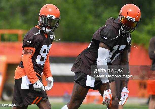 Wide receivers Jarvis Landry and Josh Gordon of the Cleveland Browns take part in a drill during a mandatory mini camp on June 12, 2018 at the...