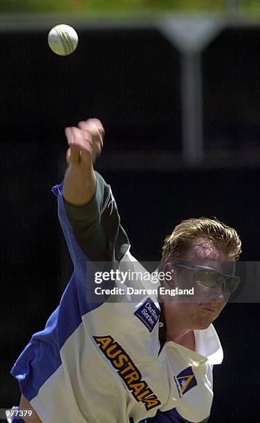 Brett Lee of the Australian Cricket team in action during nets training at the Gabba in Brisbane, Australia. The Australian team are playing the West...