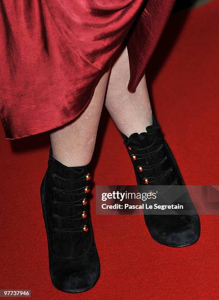 Actress Helena Bonham Carter attends the premiere of Tim Burton's film "Alice au pays des merveilles" at Theatre Mogador on March 15, 2010 in Paris,...