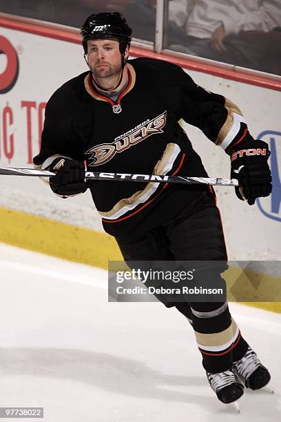 Aaron Ward of the Anaheim Ducks skates on the ice against the Nashville Predators during the game on March 12, 2010 at Honda Center in Anaheim,...