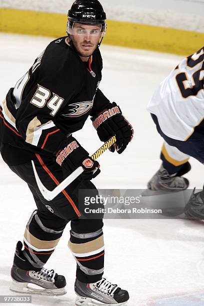 James Wisniewski of the Anaheim Ducks skates on the ice against the Nashville Predators during the game on March 12, 2010 at Honda Center in Anaheim,...