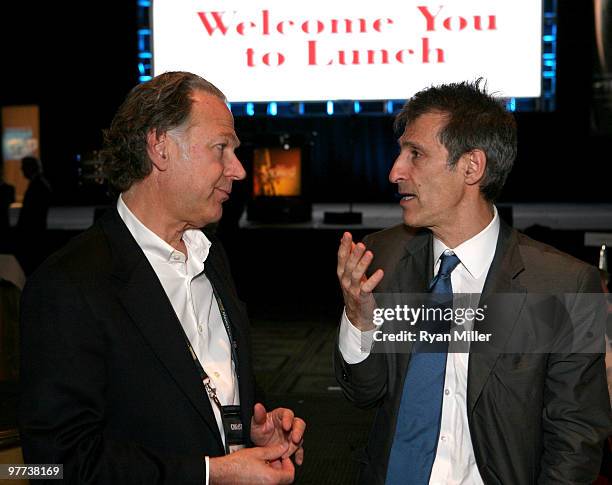 Lambert Media Group's Michael Lambert speaks with Chairman and CEO, Sony Pictures Entertainment Michael Lynton during the opening day luncheon held...