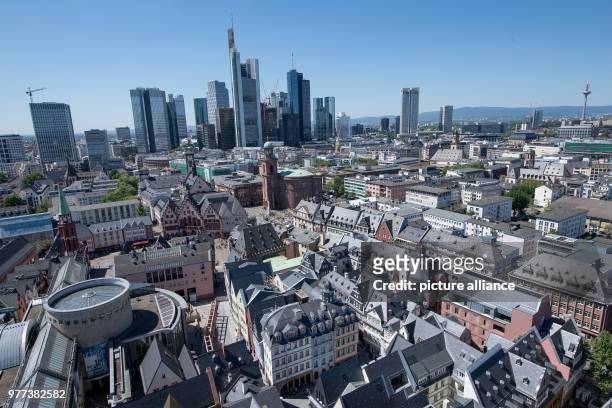 May 2018, Germany, Frankfurt am Main: The new Frankfurt old town is located at the heart of Frankfurt in front of the bank skyline. The last works of...
