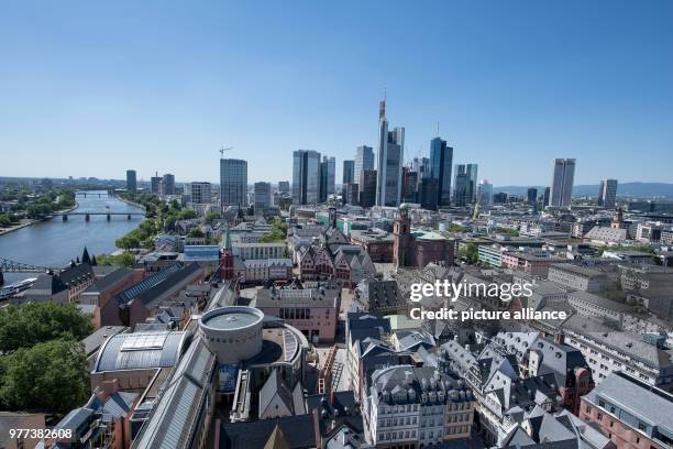 May 2018, Germany, Frankfurt am Main: The new Frankfurt old town is located at the heart of Frankfurt in front of the bank skyline. The last works of...